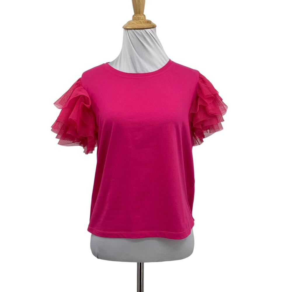 Joie Shirt Womens S Small Fuschia Tiered Ruffle Tulle Sleeves Cropped Crew Tee